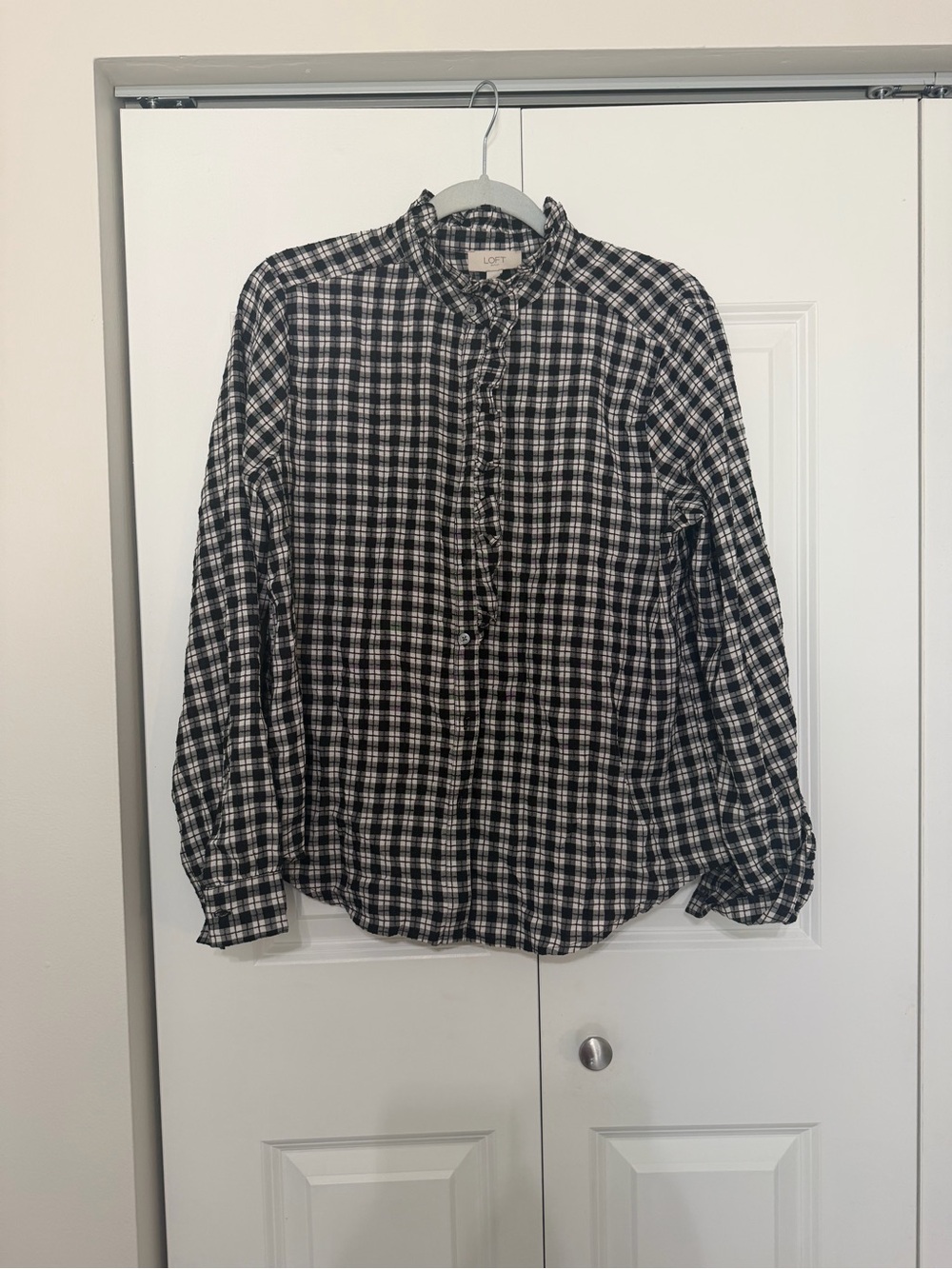 LOFT Black and White Plaid Button-Down Shirt with Ruffle button down